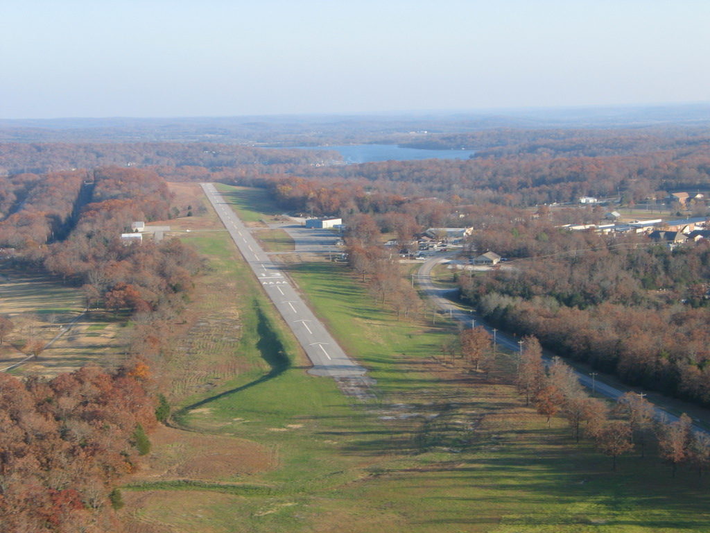 The airstrip in Horseshoe Bend from a helicopter with views of Town Center and Crown Lake.